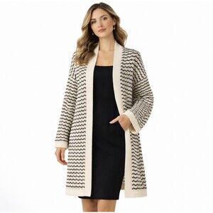 Elie Tahari Cotton Blend XL Black Ivory Striped Open Front Knit Cardigan Classic
